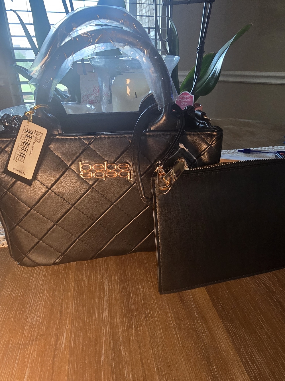 bebe Evrette Black Quilted Satchel with Matching Black Pouch